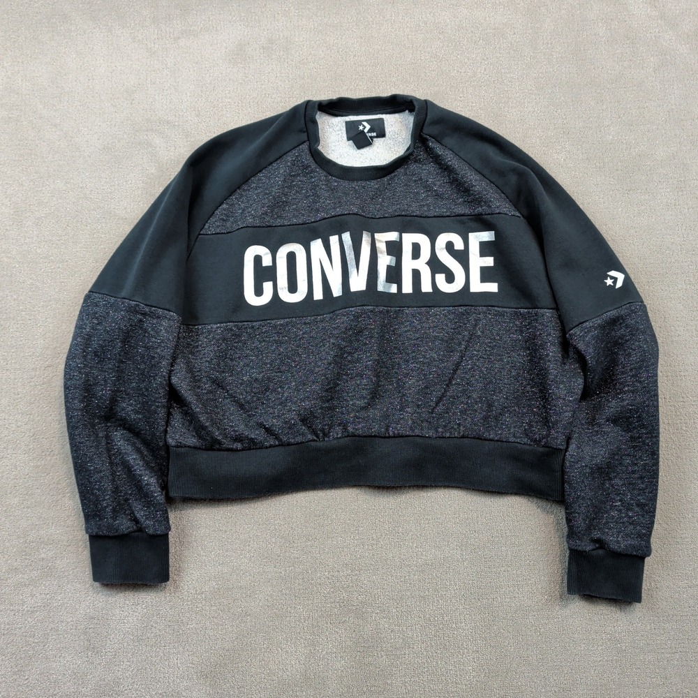 Converse Sweatshirt Size M Womens Black Glitter Metallic Logo Cropped Pullover
